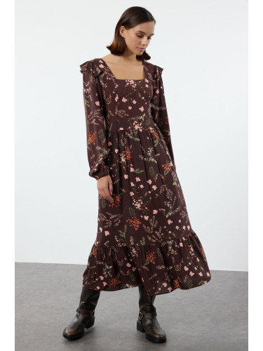 Trendyol Brown Floral A-Line Ruffle 100% Viscose Woven Dress