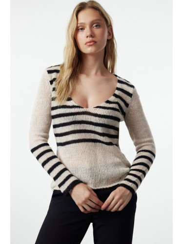 Trendyol Beige Soft Textured Loose Knit Striped Sweater