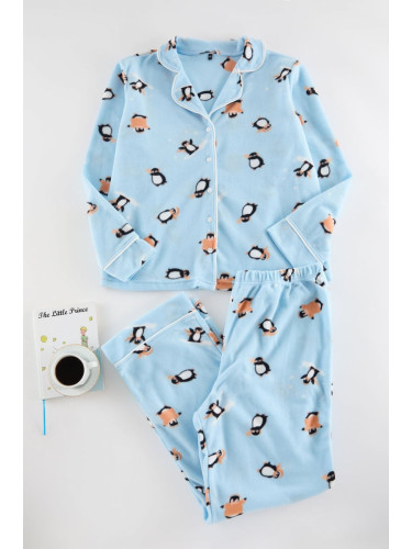 Trendyol Curve Blue Penguin Patterned Shirt Collar Knitted Pajama Set