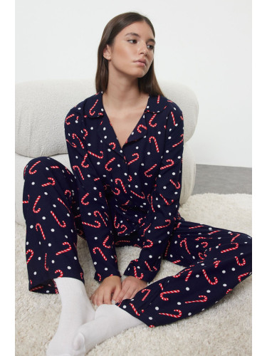 Trendyol Navy Blue Polka Dot New Year Themed Viscose Woven Pajama Set