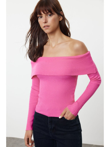 Trendyol Pink Premium Yarn/Special Yarn Carmen Collar Knitwear Sweater