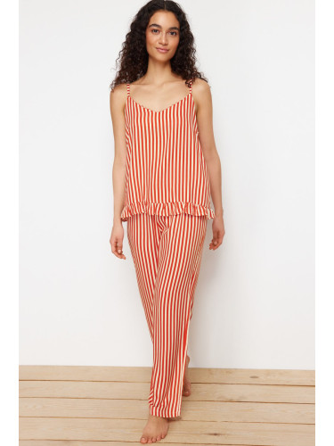 Trendyol Orange-Multi-Colored Striped Ruffle Detailed Viscose Woven Pajama Set with Rope Straps