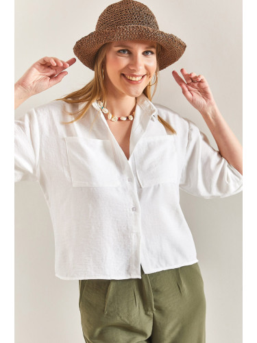 Bianco Lucci Women's Large Double Pocket Linen Shirt