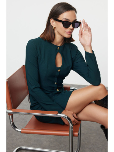 Trendyol Petrol Straight Cut Button Detailed Crew Neck Mini Woven Dress