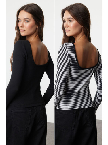 Trendyol Black Plain and Striped Fitted, Low-cut Back, Ribbed, Stretchy Knitted Blouse