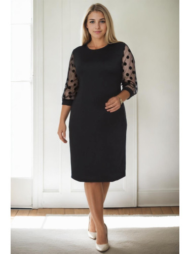 97062 Dewberry Polka Dot Flocked on Sleeves Plus Size Dress-BLACK