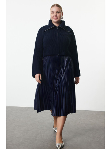 Trendyol Curve Navy Blue Elastic Elastic Waist Pleated Woven Plus Size Skirt