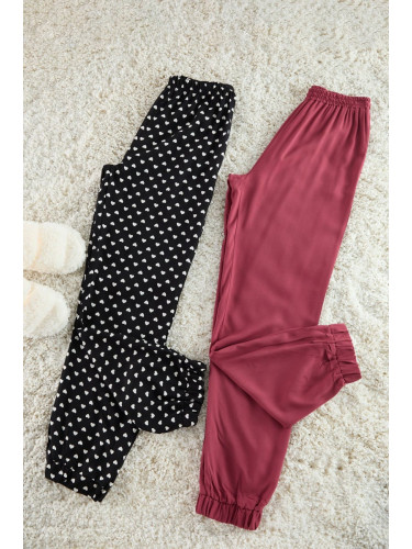 Trendyol Black-Burgundy 2-Pack Heart Patterned Viscose Woven Pajama Bottoms