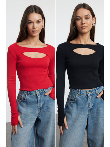 Trendyol Black-Red 2-Piece Cut Out Detailed Fitted Flexible Knitted Blouse