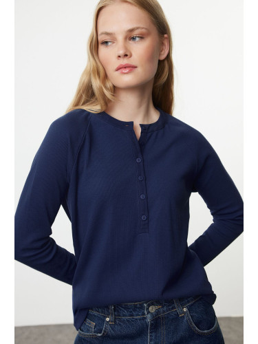 Trendyol Navy Blue Buttoned Regular Cut Ribbed Flexible Regular Length Knitted Blouse