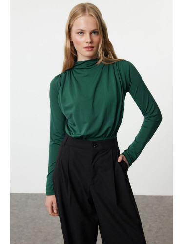 Trendyol Emerald Green Fitted Stand Collar Gathered Drape Detailed Snap-Front Flexible Knitted Bodysuit