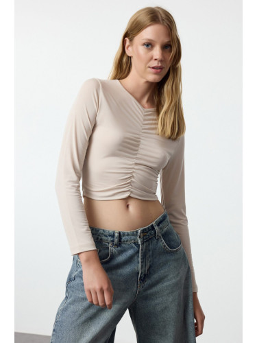 Trendyol Stone Fitted/Fits on the Body Gathered Detail Crop Flexible Knit Blouse