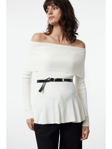 Trendyol Ecru Belted Carmen Collar Knitwear Sweater