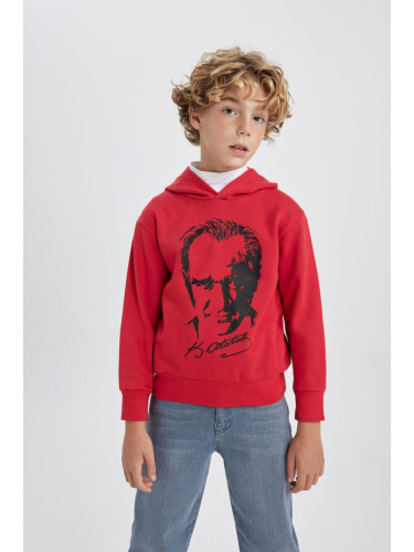 DEFACTO Boy's Atatürk Printed Red Hooded Sweatshirt