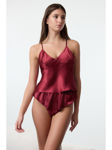 Trendyol Burgundy Satin Rope Strapless Knitted Underwear Set