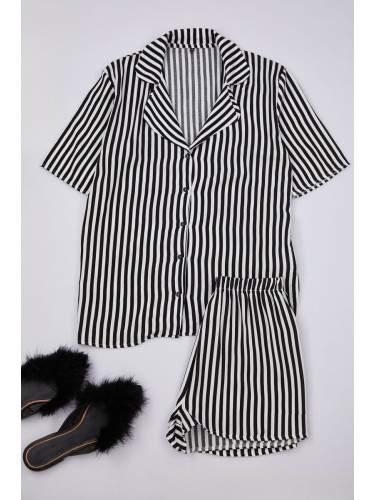 Trendyol Black Striped Viscose Top Wide Pattern Woven Pajama Set