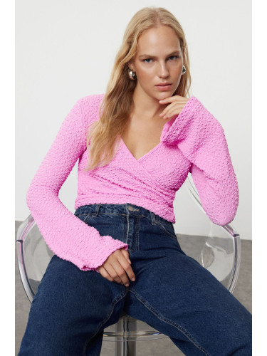 Trendyol Pink Premium Textured Fabric Double Breasted Neck Regular/Normal Fit Crop Knitted Blouse