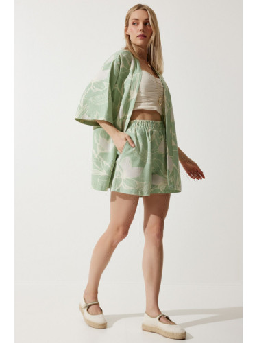 Happiness İstanbul Women's Green Tropical Patterned Summer Raw Linen Kimono Shorts