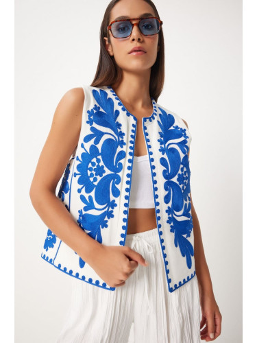 Happiness İstanbul Women's Blue White Embroidery Detailed Linen Vest