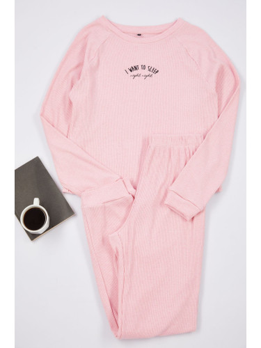 Trendyol Pink Cotton Slogan Embroidered Ribbed Knitted Pajama Set