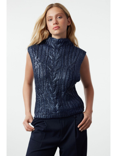 Trendyol Navy Blue Foil Printed Knit Sweater