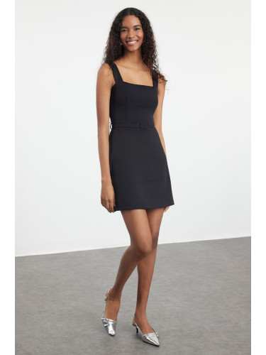 Trendyol Black Square Neck Mini Woven Dress with Skirt Opening at the Waist