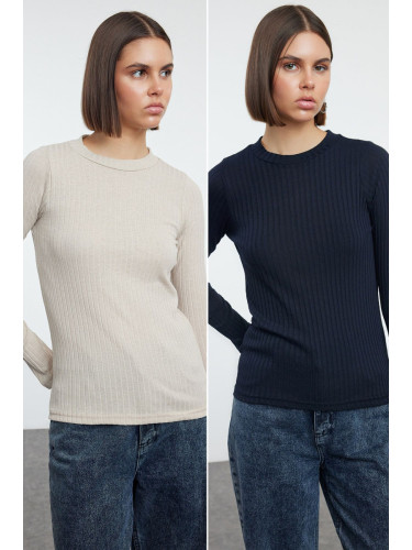 Trendyol Navy Blue-Stone 2 Pack Crew Neck Regular/Normal Fit Knitted Blouse