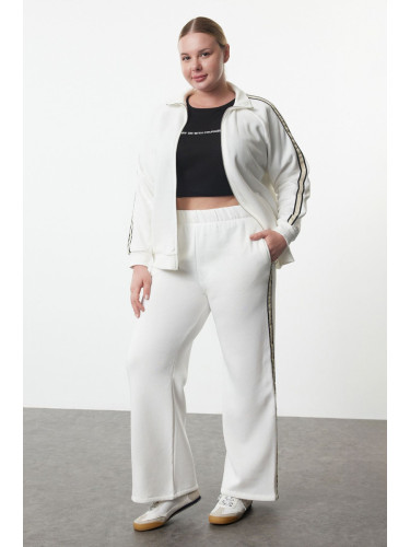 Trendyol Curve Ecru Stand Collar Oversize Fit Stripe Detailed Polar Fleece Knitted Plus Size Tracksuit