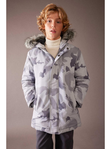 DEFACTO Boy's Water Repellent Jacket Coat Camouflage Patterned Hooded Removable Furry Plush Lining