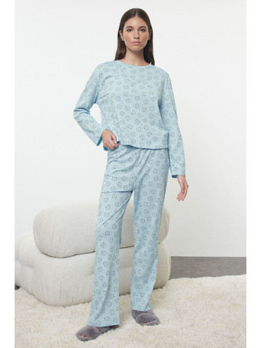 Trendyol Blue 100% Cotton Teddy Bear Patterned Knitted Pajama Set