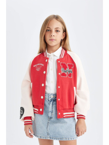 DEFACTO Girls Embroidered College Collar Bomber Thick Soft Furry Cardigan