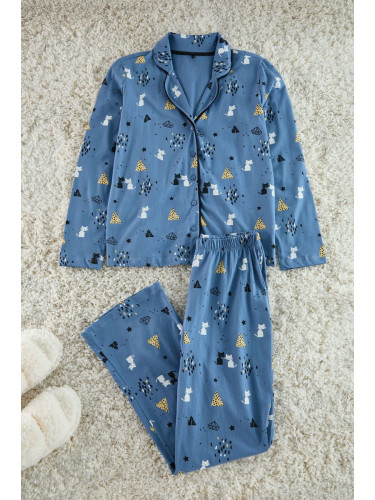 Trendyol Blue 100% Cotton Patterned Knitted Pajama Set