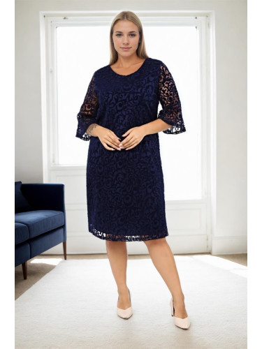 E2654 Dewberry Spanish Sleeve Plus Size Evening Dress-NAVY BLUE