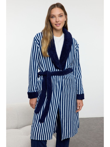 Trendyol Navy Blue Belted Striped Fleece Winter Knitted Dressing Gown