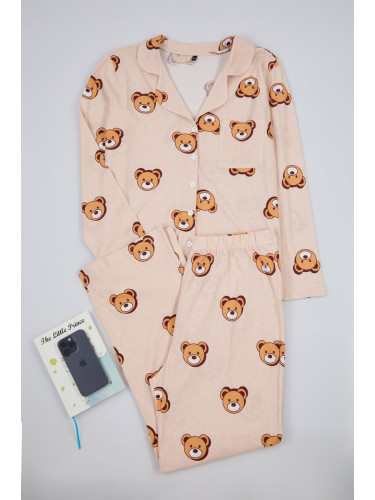 Trendyol Curve Ecru Teddy Bear Patterned Shirt Collar Knitted Pajama Set