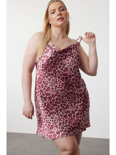 Trendyol Curve Pink Leopard Patterned Mini Satin Woven Nightgown