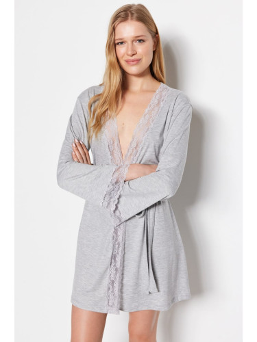 Trendyol Gray Belted Lace Detailed Viscose Knitted Dressing Gown