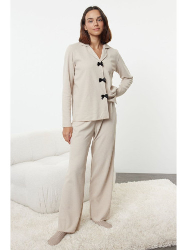 Trendyol Beige Ribbon/Bow Waffle Fabric Knitted Pajama Set