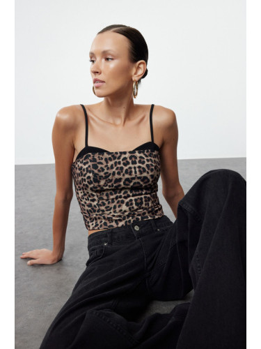 Trendyol Brown Strappy Bralette Detailed Leopard Patterned Crop Woven Blouse