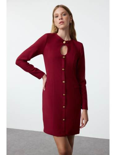 Trendyol Claret Red Plain Mini Straight Cut Button Detailed Crew Neck Mini Woven Dress