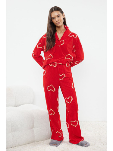 Trendyol Red Heart Fleece Winter Knitted Pajamas Set