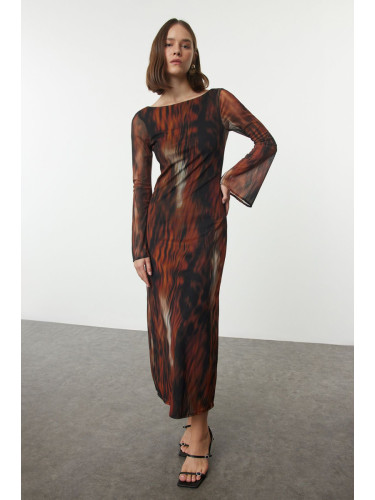 Trendyol Cinnamon Abstract Backless Tulle Boat Neck Flexible Maxi Knit Dress