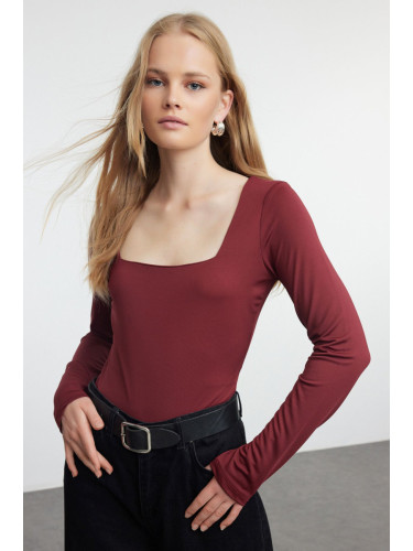 Trendyol Claret Red Fitted/Fits the Body Square Neck Long Sleeve Snap-Front Flexible Knitted Bodysuit