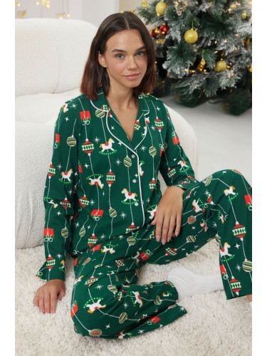 Trendyol Green 100% Cotton Christmas Themed Knitted Pajama Set