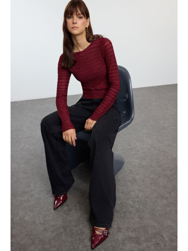 Trendyol Burgundy Fitted Textured Tulle Stretchy Knitted Blouse