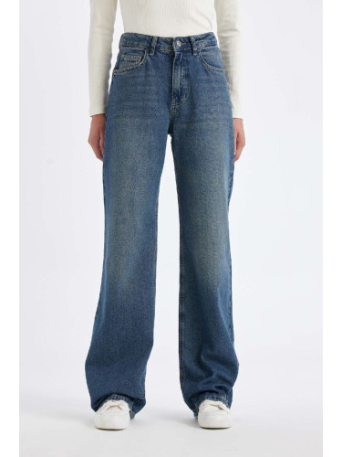 DEFACTO Straight Wide High Waist Long Jean Washed Trousers