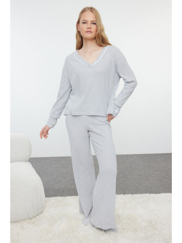 Trendyol Grey Melange Piping Detailed Ribbed Knitted Pajama Set