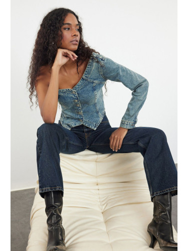 Trendyol Blue Stitch Detail Single Sleeve Asymmetrical Collar Denim Blouse