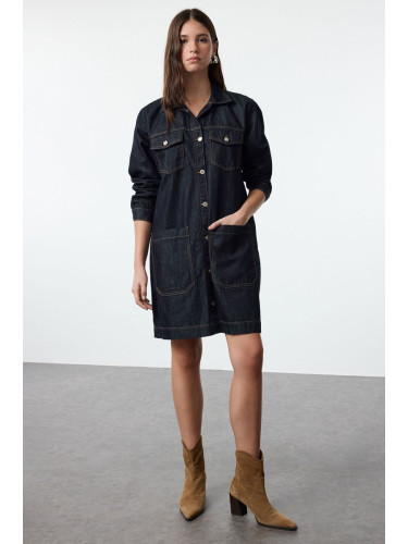 Trendyol Dark Blue Pocket Detail Shirt Collar Oversize Denim Trench Coat