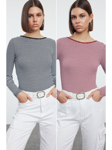 Trendyol Black and Red Striped Fitted Backless Ribbed Stretchy Knitted Blouse